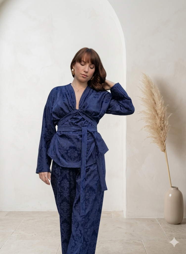 Blusa Hatshepsut blu damascato, drappeggiata con fusciacca, indossata dalla modella