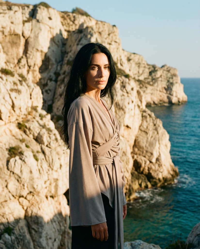 Blusa Hatshepsut sabbie del Sinai, drappeggiata con fusciacca, indossata dalla modella