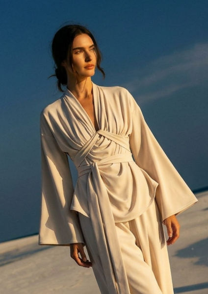 Blusa Hatshepsut avorio candido, drappeggiata con fusciacca, indossata dalla modella