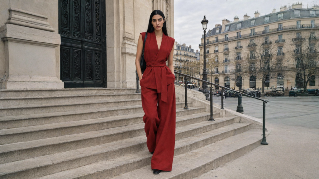 Completo Sekhmet Passione rosso vermiglio, gilet e pantalone, indossato dalla modella